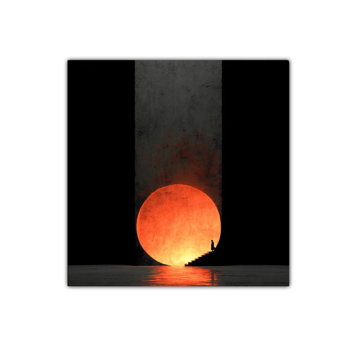 Cuadro decorativo con sol anaranjado y figura en escalera — imagen principal