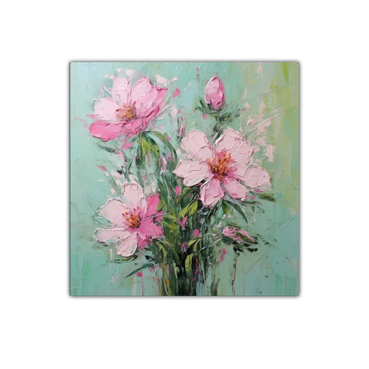 Cuadro decorativo con flores rosas sobre fondo verde pastel