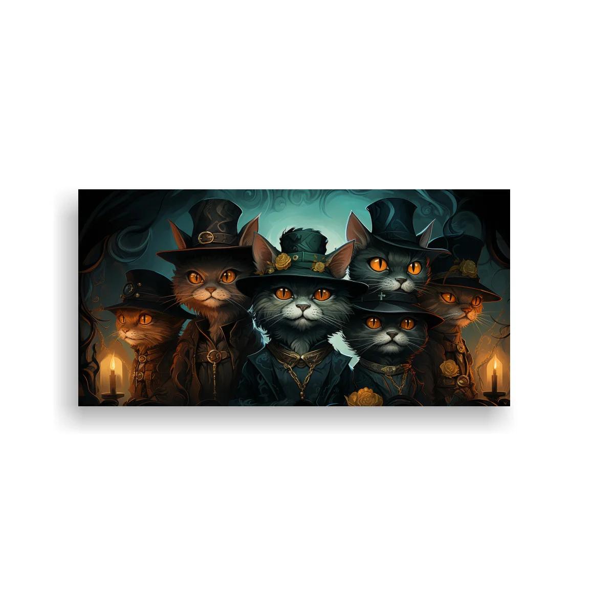 Cuadro grupo de gatos negros con sombreros de bruja