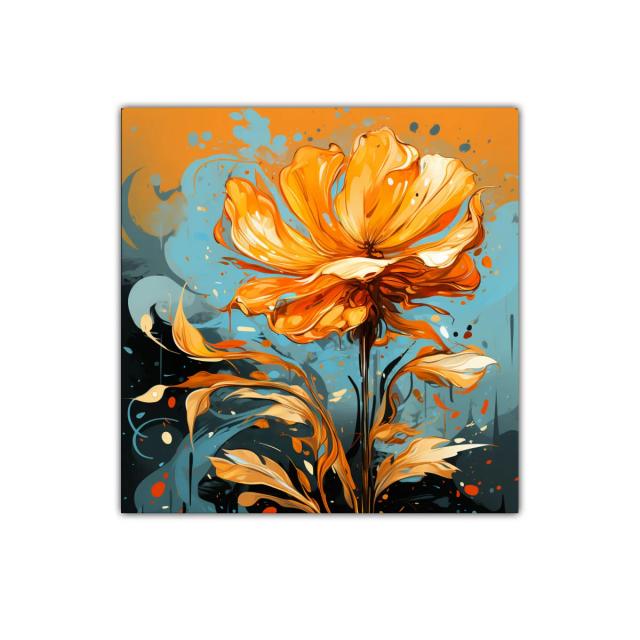 Flor vibrante en tonos cálidos y fondo azul intenso