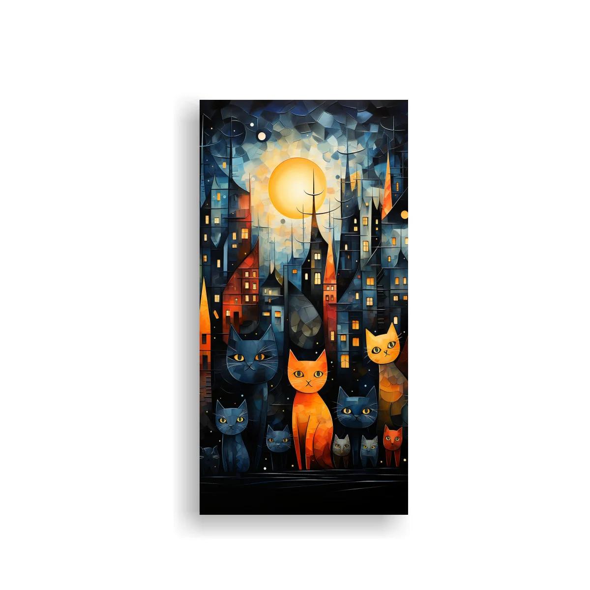 Cuadro gatos con ciudad nocturna y luna llena