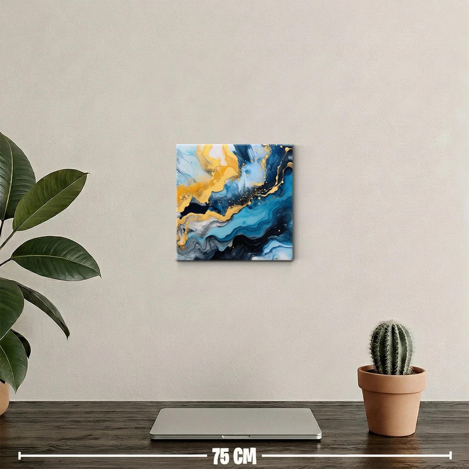 Cuadro abstracto con tonos azules y dorados vibrantes — miniatura 2