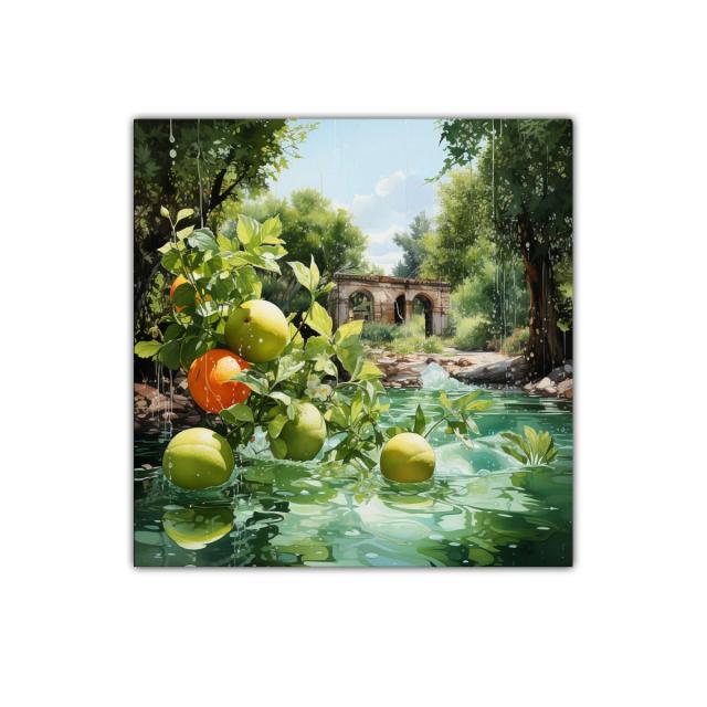 Naturaleza fresca con frutas y paisaje rústico