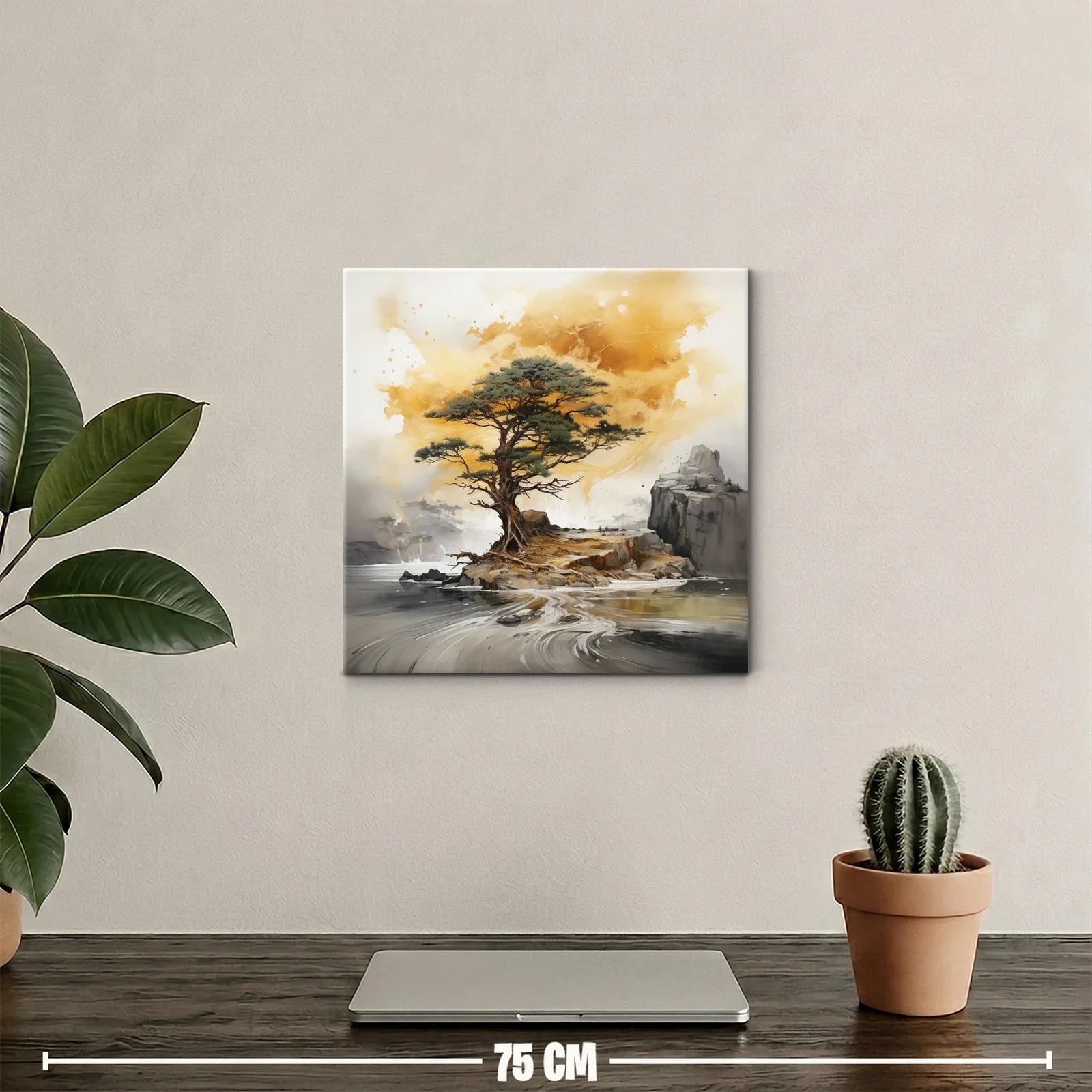 Árbol solitario sobre isla en paisaje sereno y cálido — miniatura 2