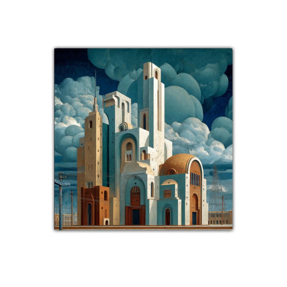 Arquitectura surrealista en tonos tierra y azul profundo