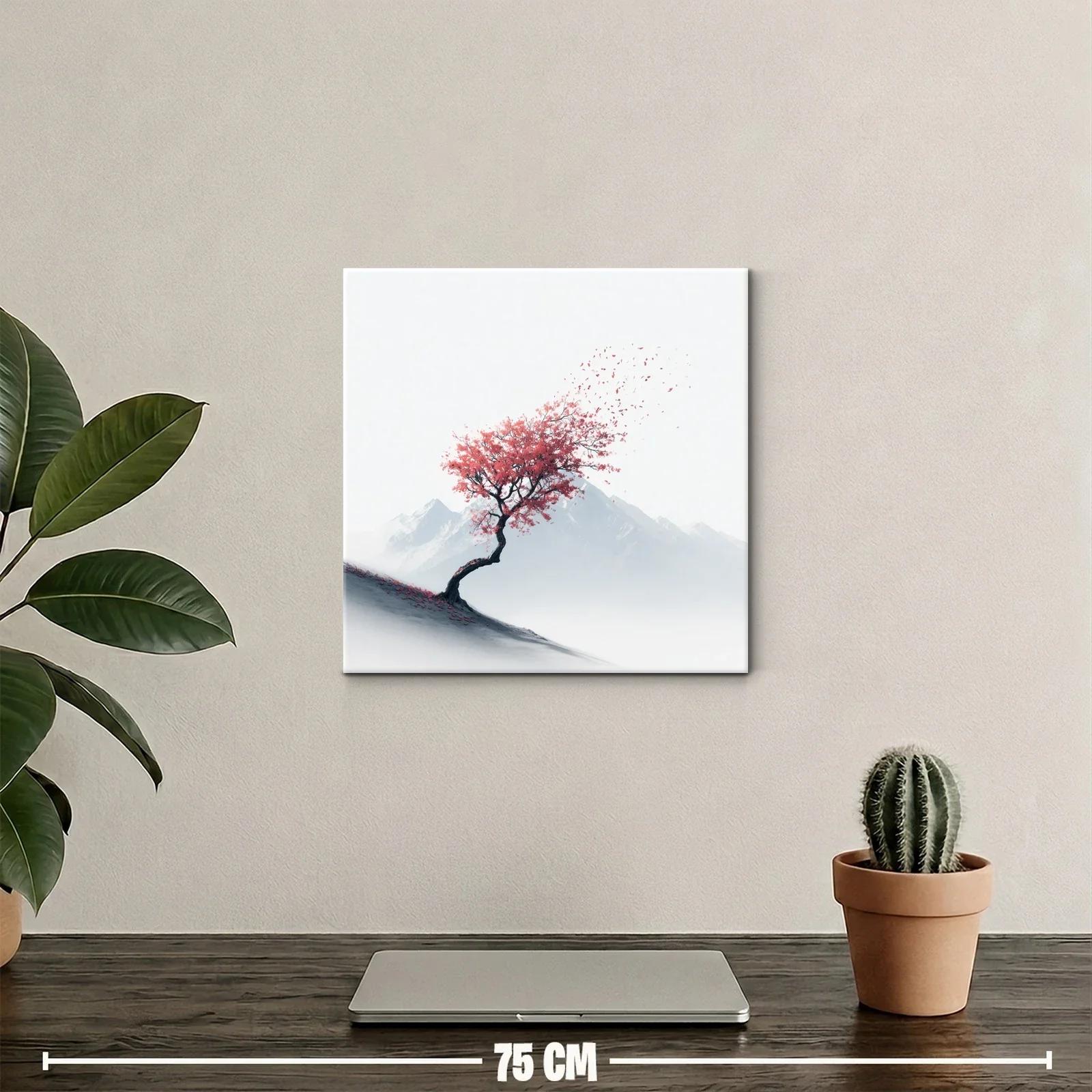 Árbol solitario con hojas rojas contra montañas — miniatura 2
