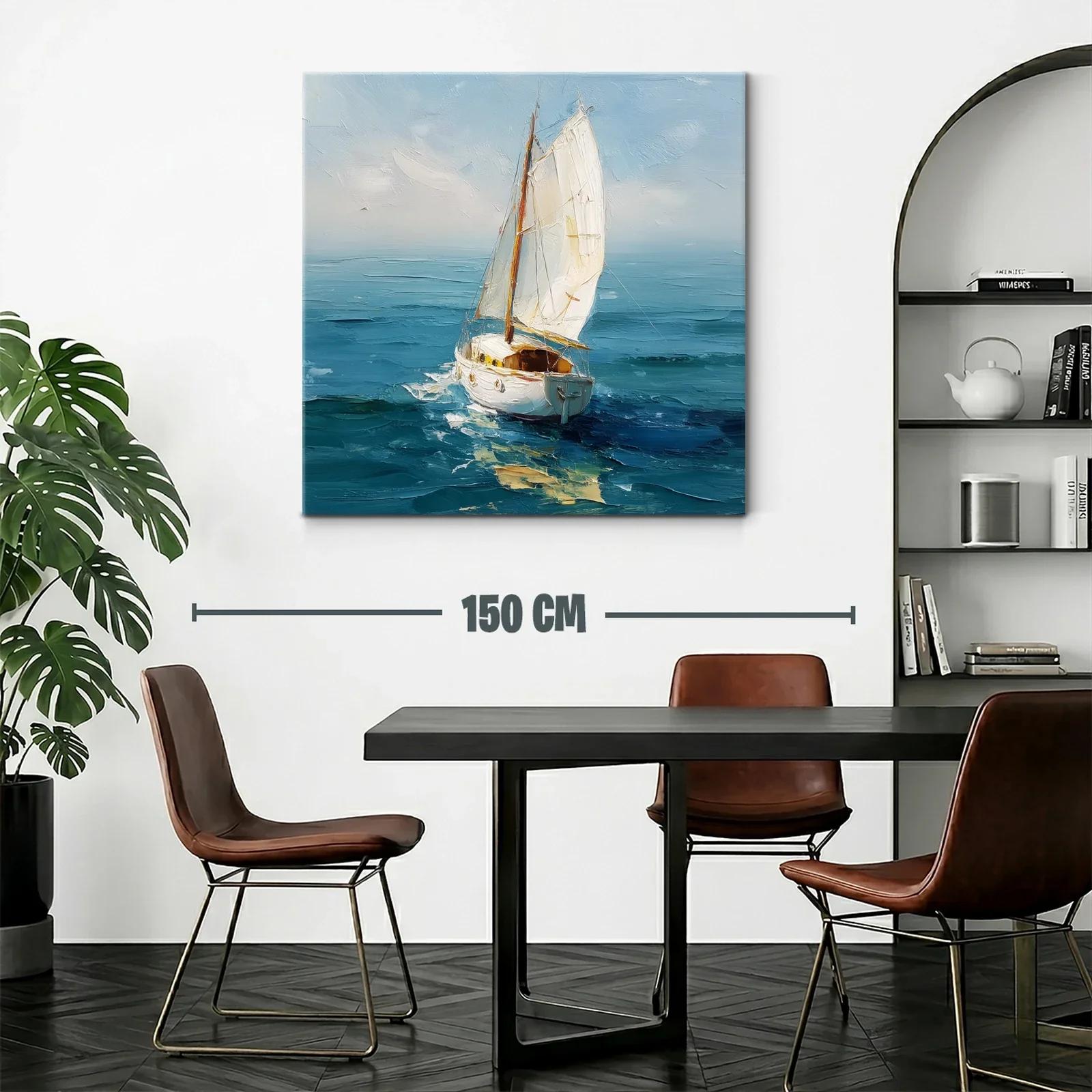 Vela blanca surcando el mar en tonos azules y celestes — miniatura 2