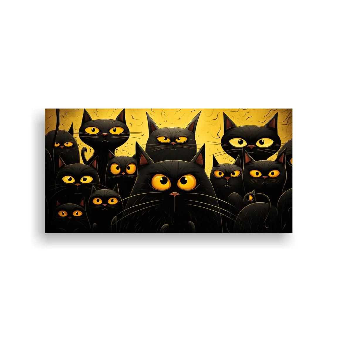 Cuadro grupo de gatos negros con fondo dorado agrietado
