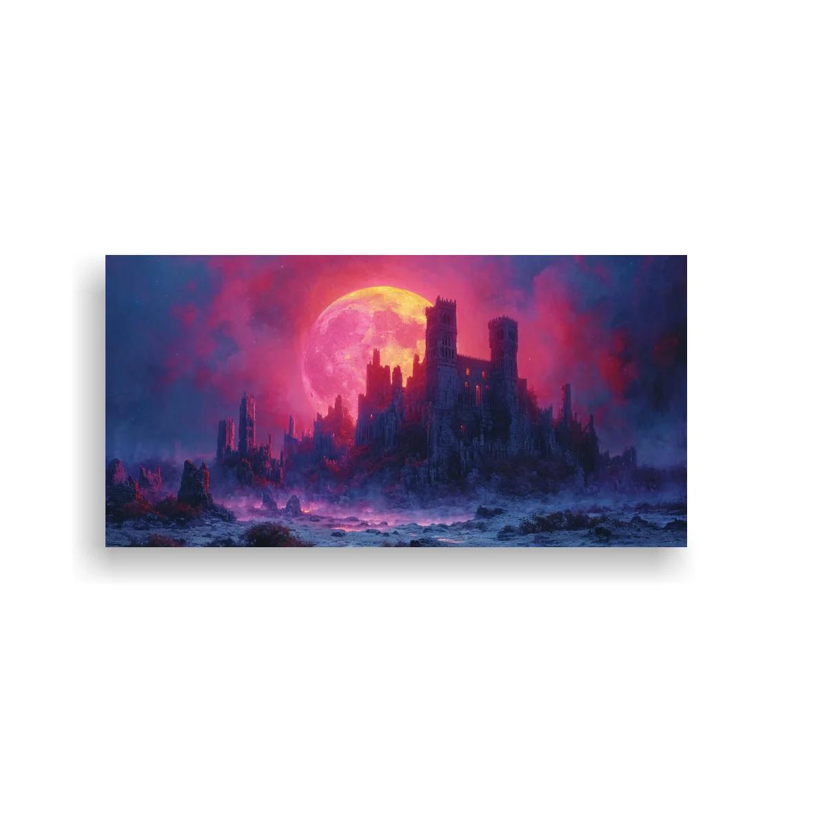 Cuadro castillo en ruinas con luna roja y niebla