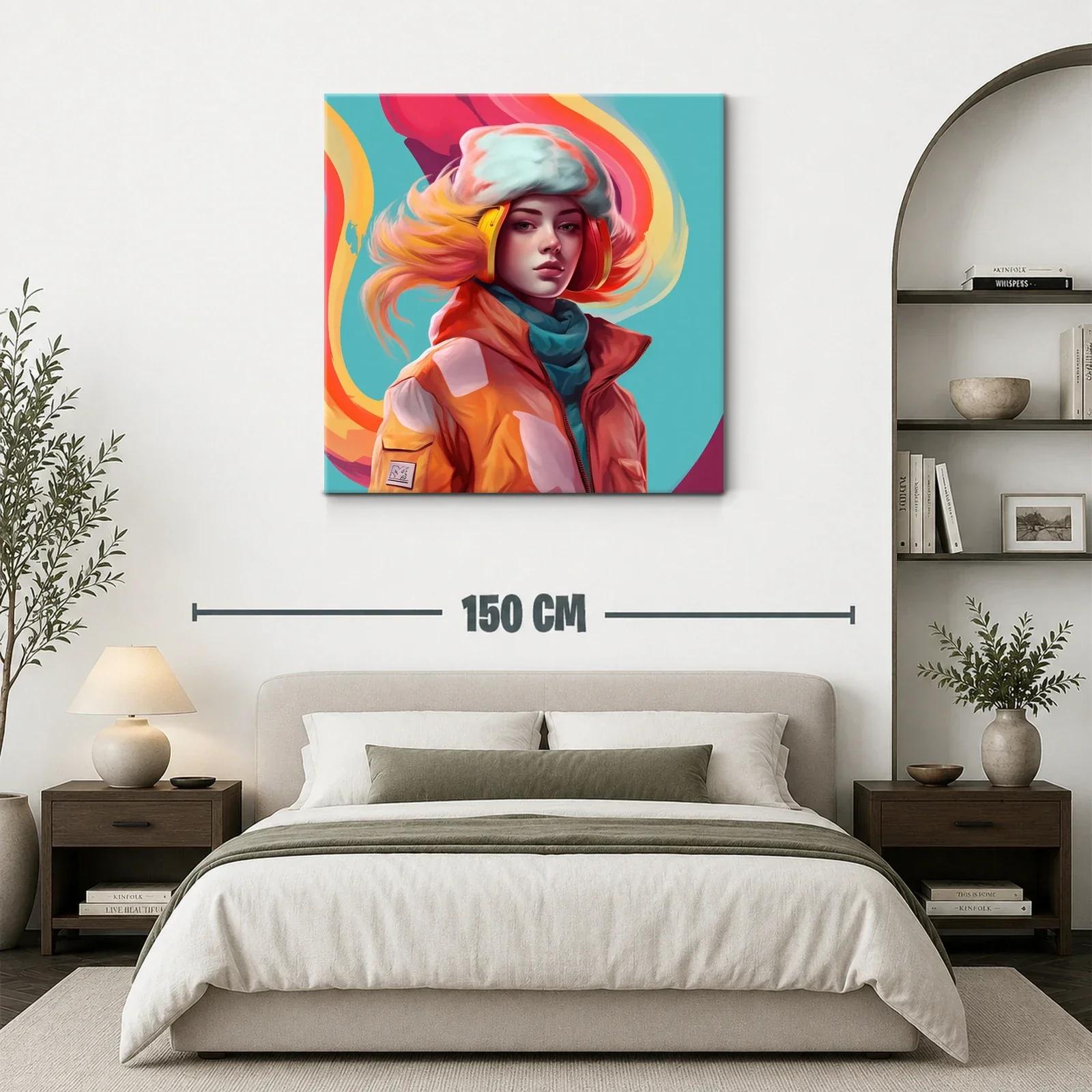 Retrato vibrante de mujer con auriculares y abrigo naranja — miniatura 3