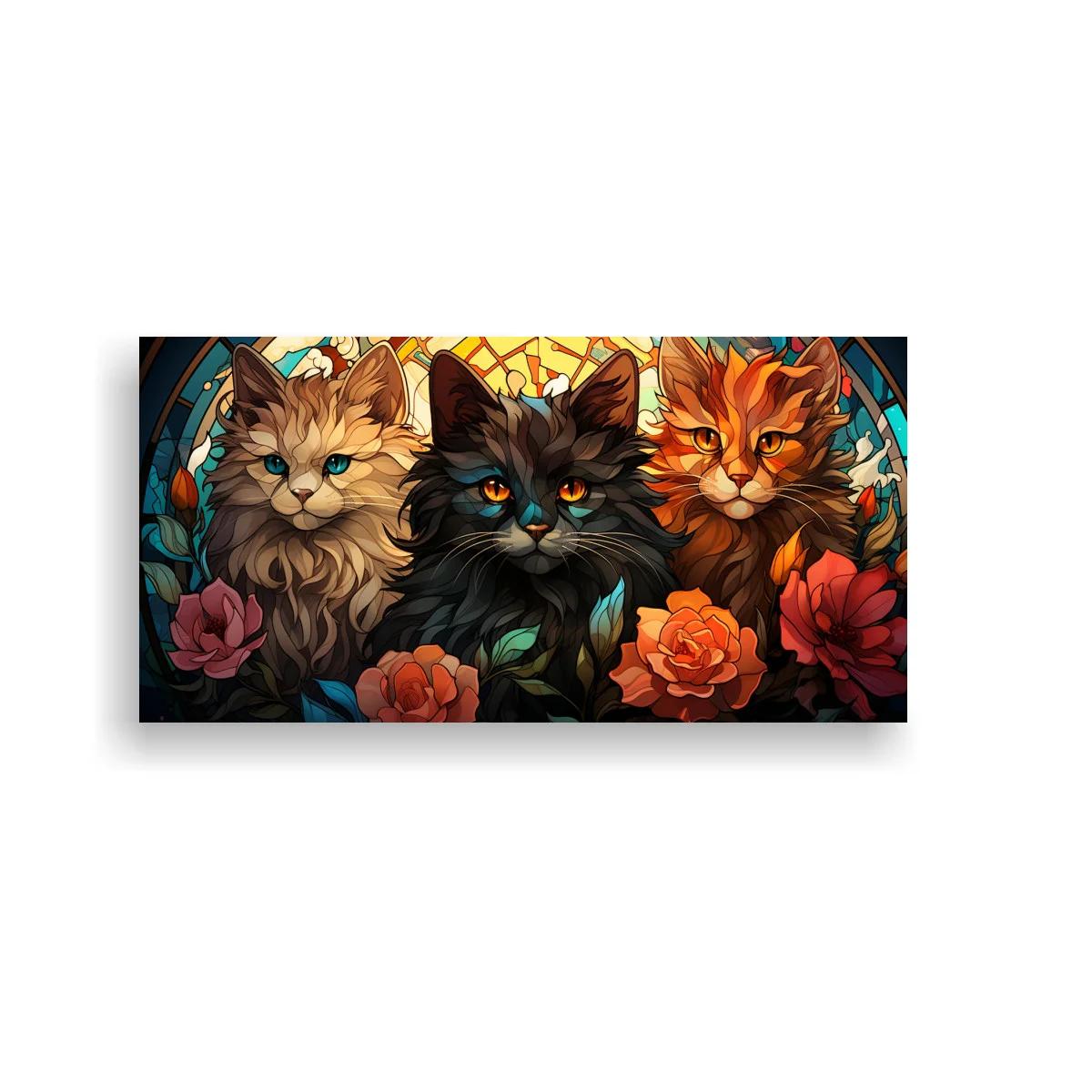 Cuadro tres gatos de pelo largo con fondo de arcos decorativos