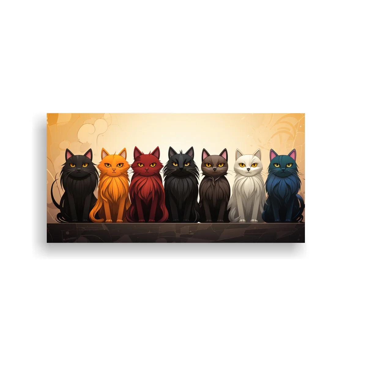 Cuadro fila de gatos recortados contra un fondo cálido y brillante