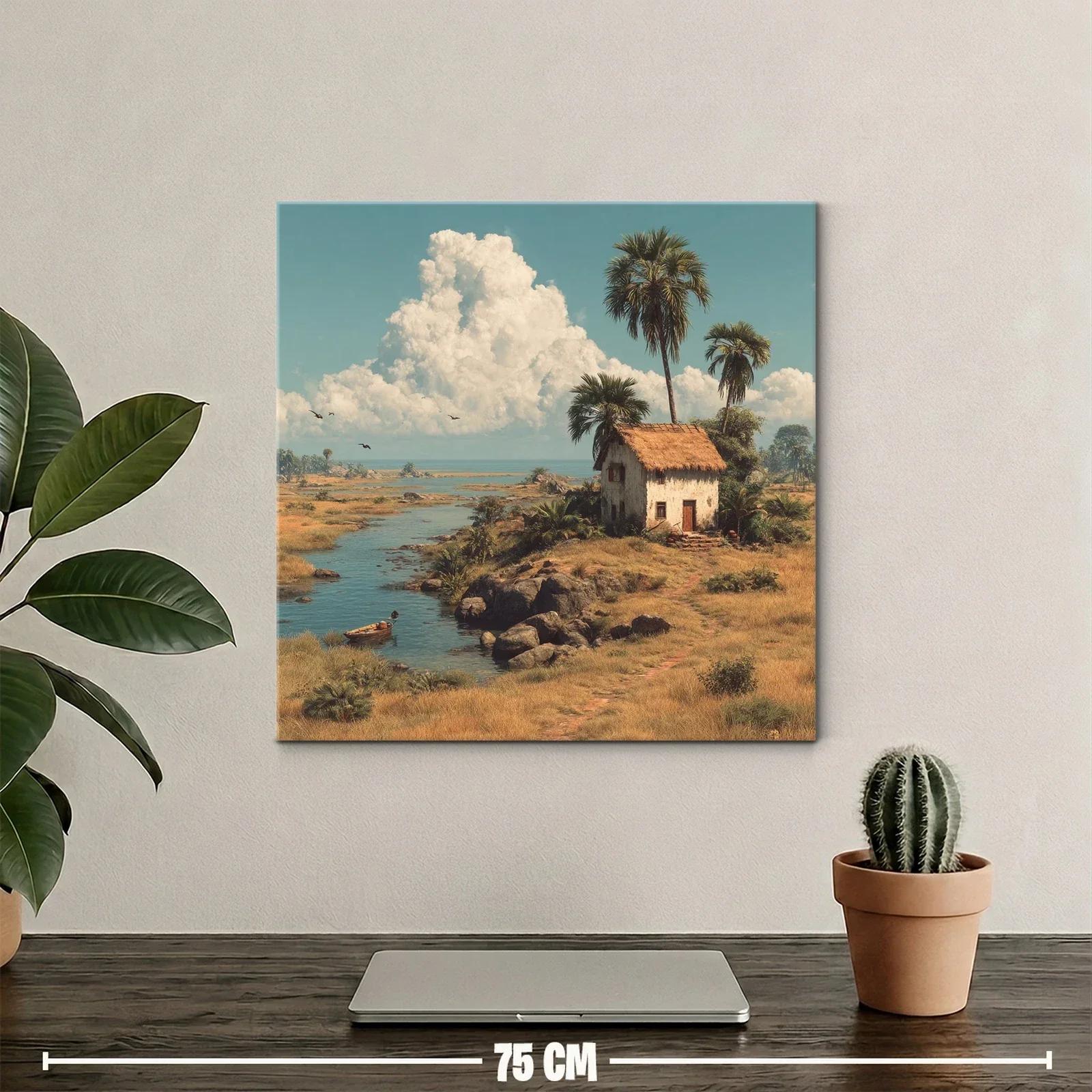 Paisaje rural con casa junto al río y palmeras altas — miniatura 2