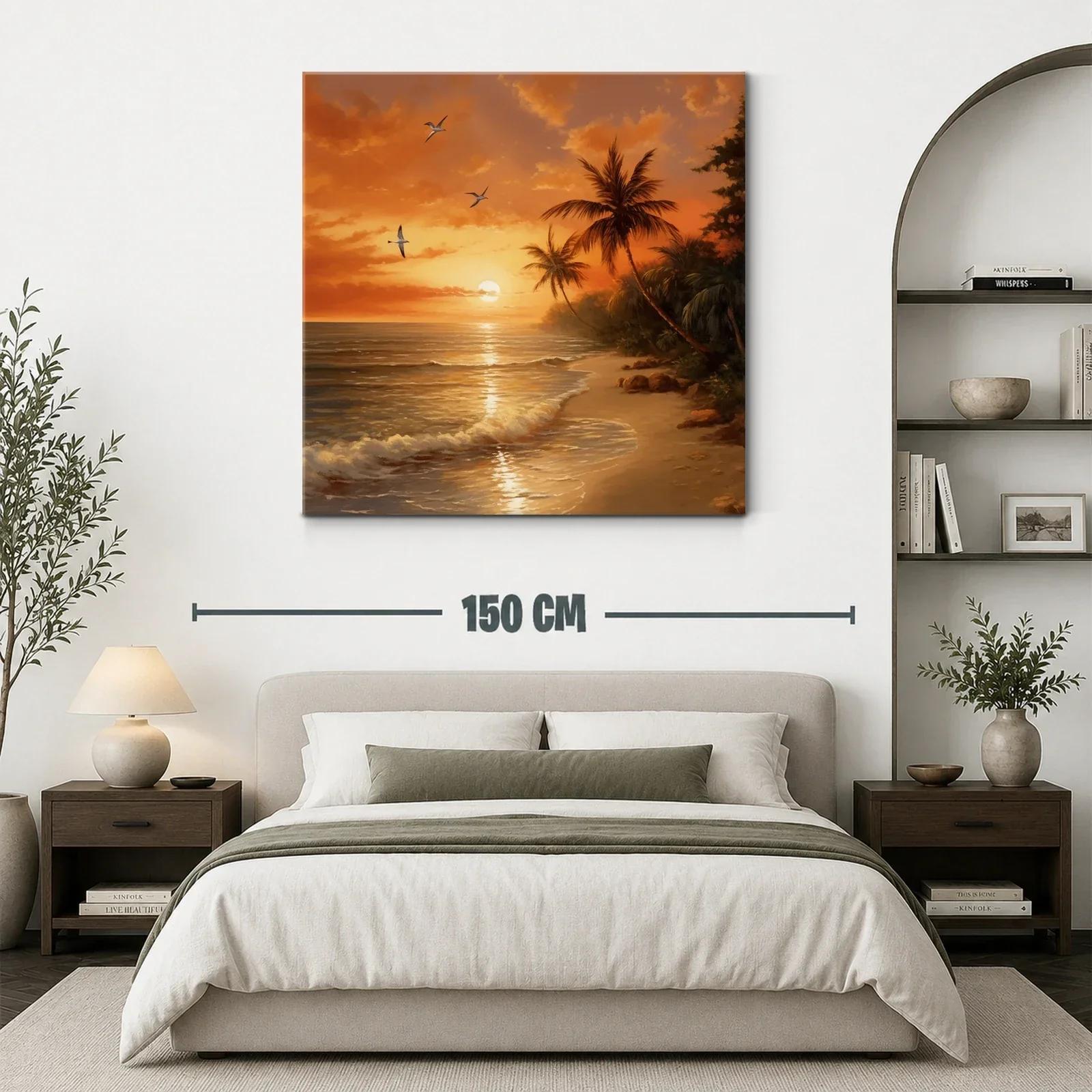 Atardecer tropical con palmeras y vuelo de aves sobre la playa — miniatura 3