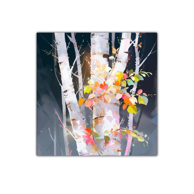 Cuadro abstracto de troncos con follaje colorido