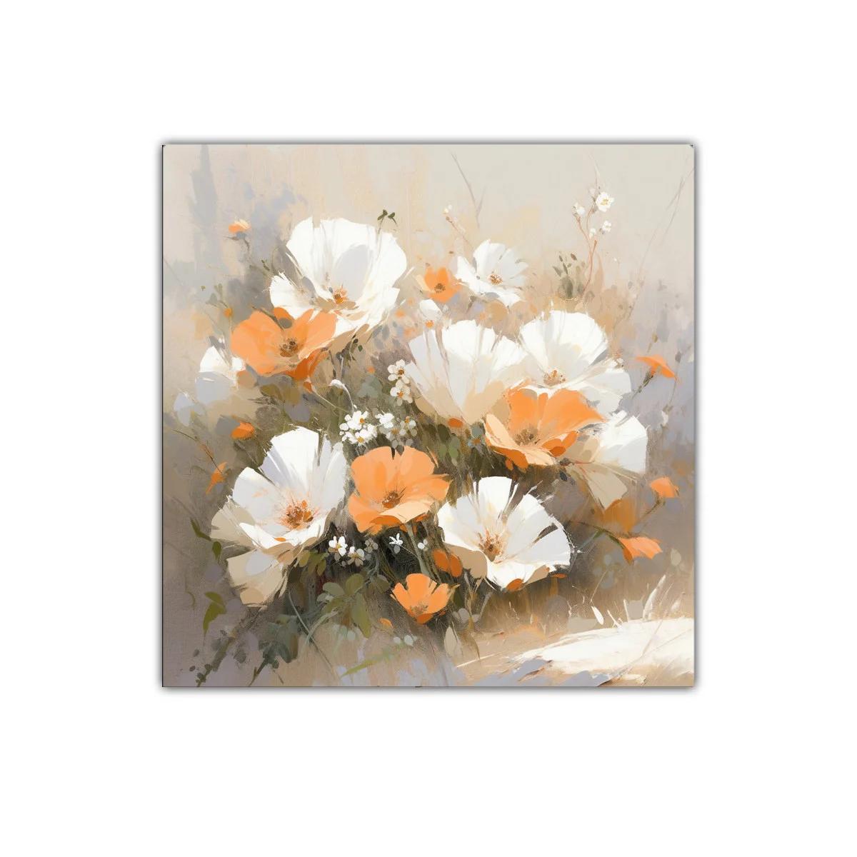 Cuadro con ramo de flores blancas y naranjas delicadas