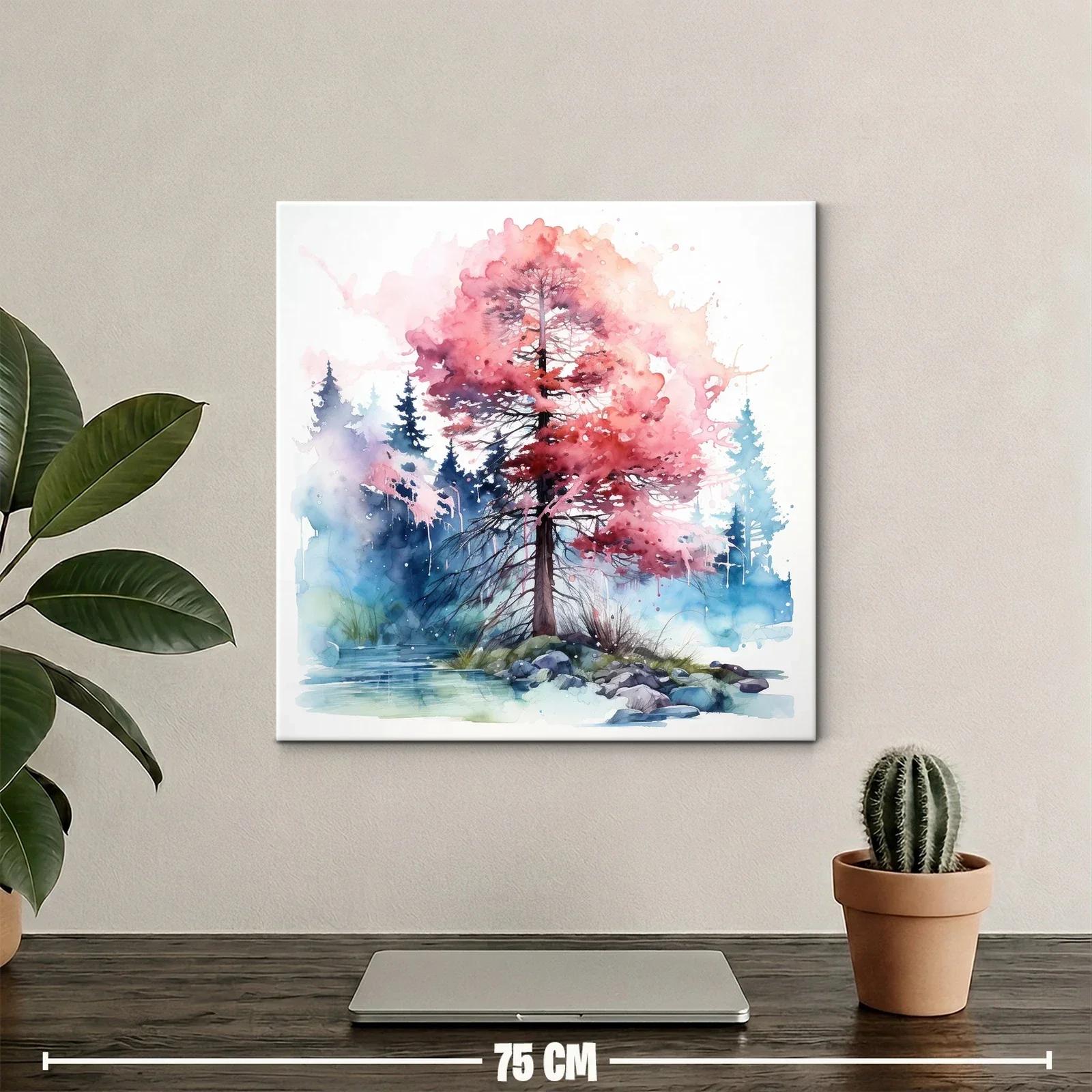Árbol en otoño con hojas rosas y fondo de bosque azul — miniatura 2
