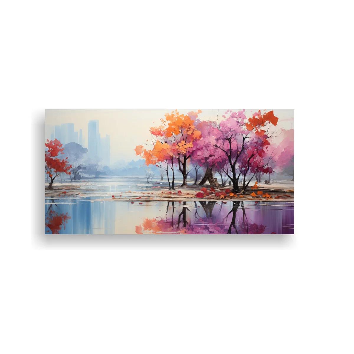 Cuadro árboles con flores rosadas junto al agua y reflejos brumosos