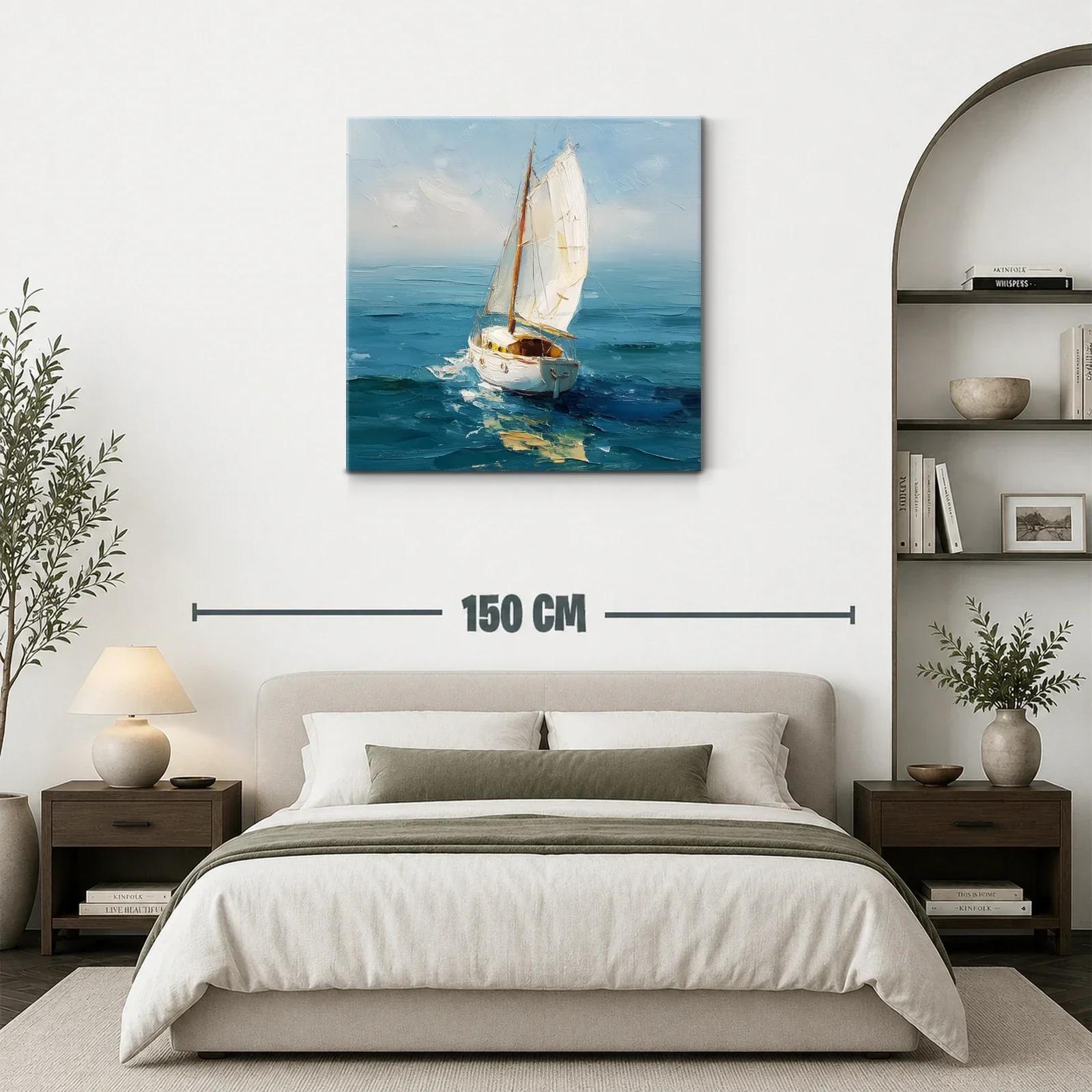 Vela blanca surcando el mar en tonos azules y celestes — miniatura 3