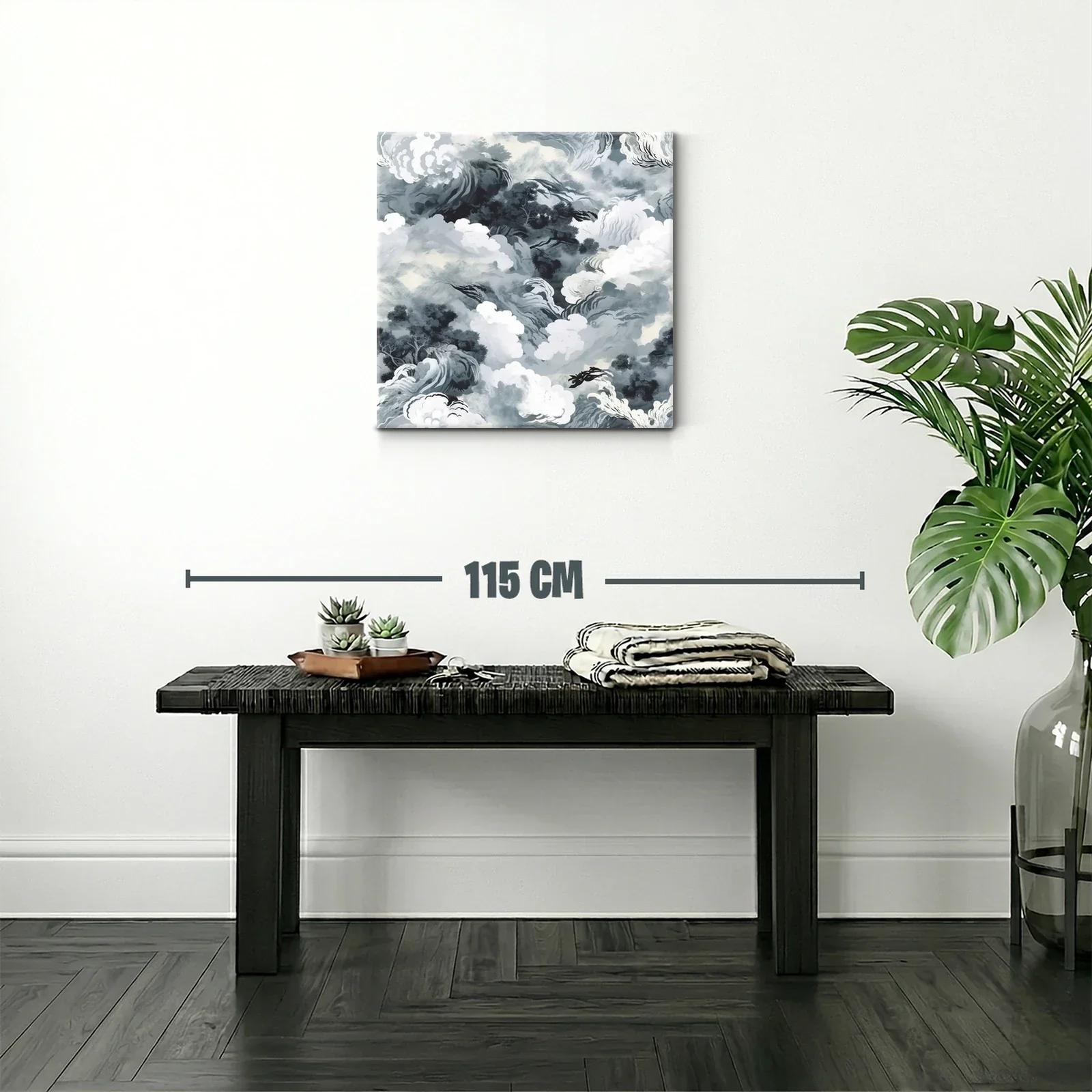 Cuadro abstracto con formas de nubes y árboles en tonos grises — miniatura 2