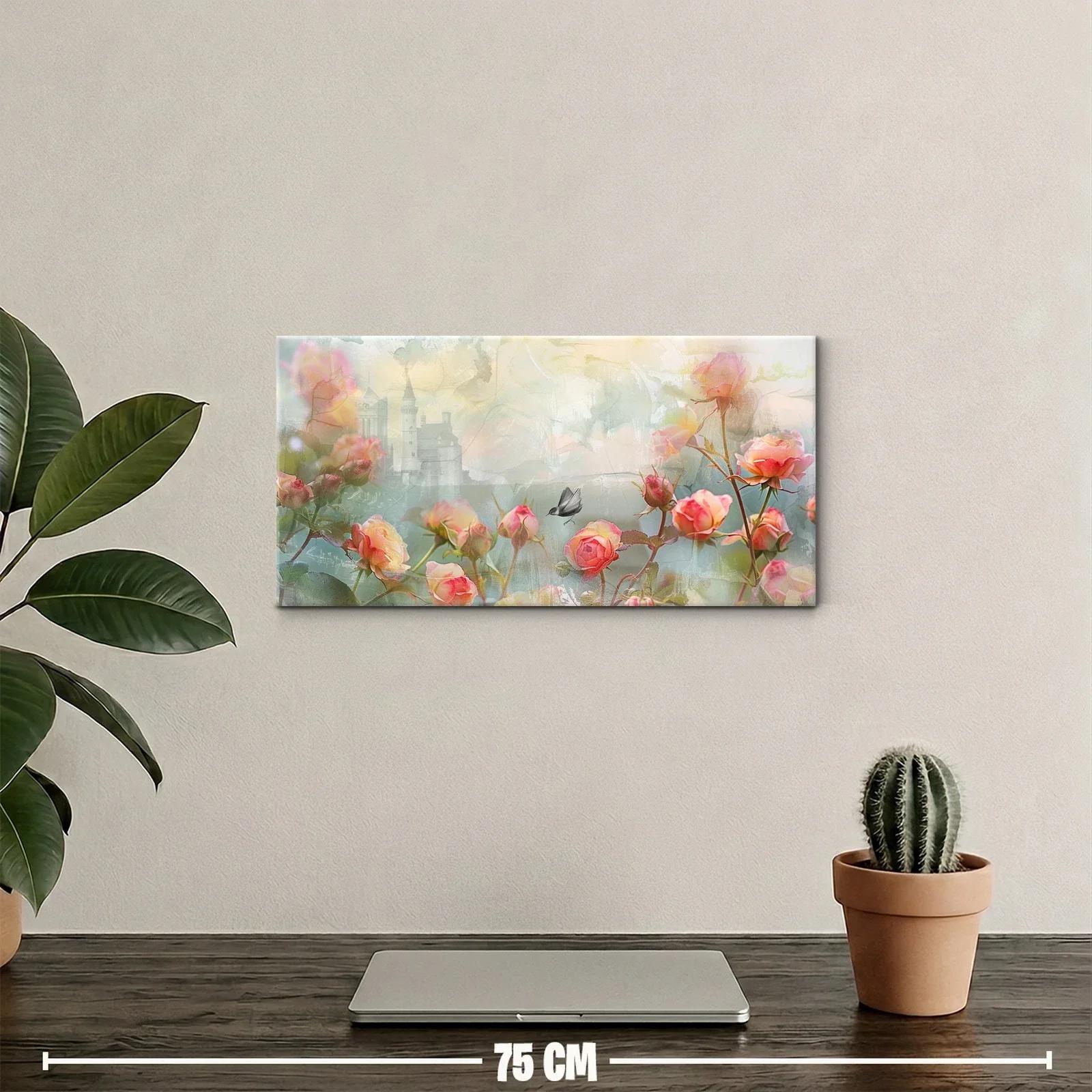 Cuadro de rosas rosadas con mariposa y cielo brumoso — miniatura 2