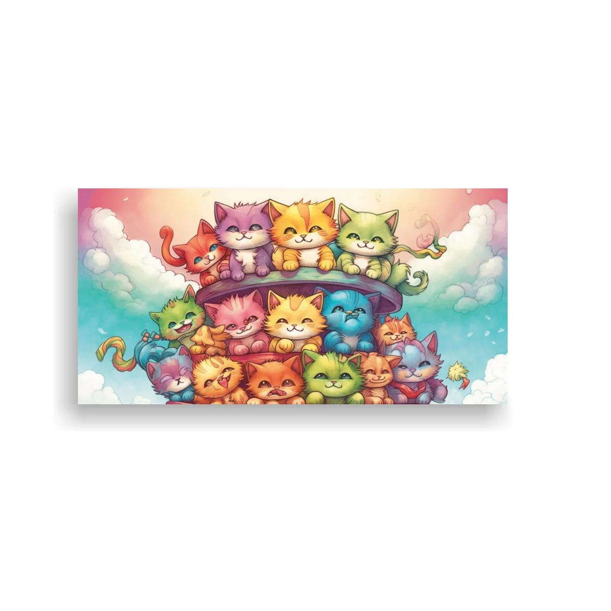 Cuadro grupo de gatitos de colores sobre nubes y cielo degradado