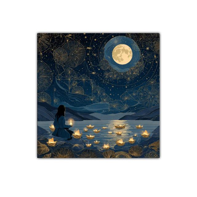 Serenidad Nocturna con Barcos de Luz en Lago Estrellado