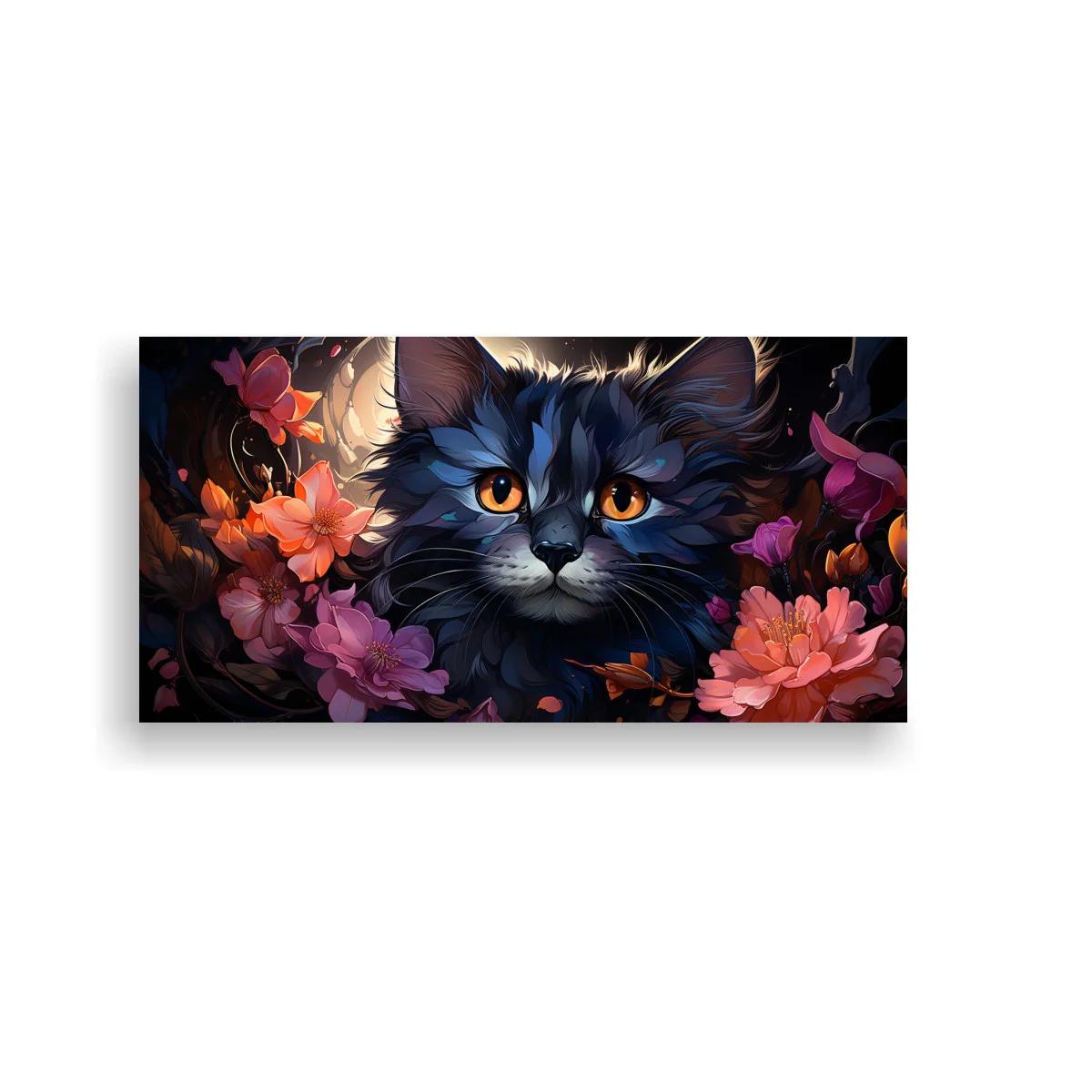 Cuadro gato negro de ojos ámbar con flores rosadas