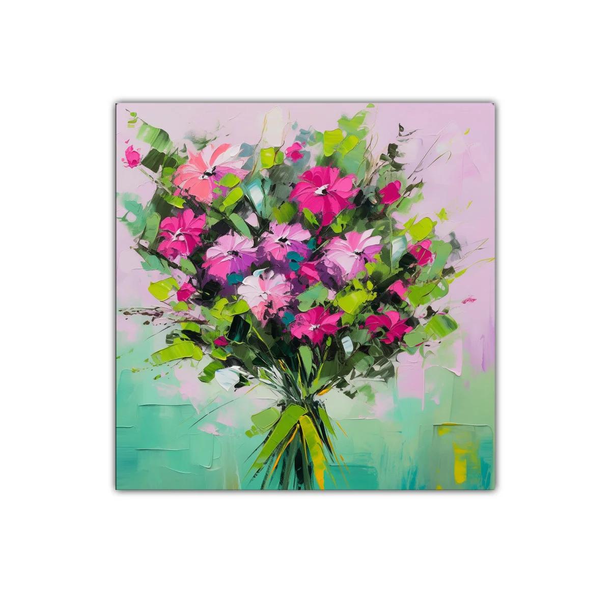 Ramo vibrante de flores en tonos verdes y fucsias
