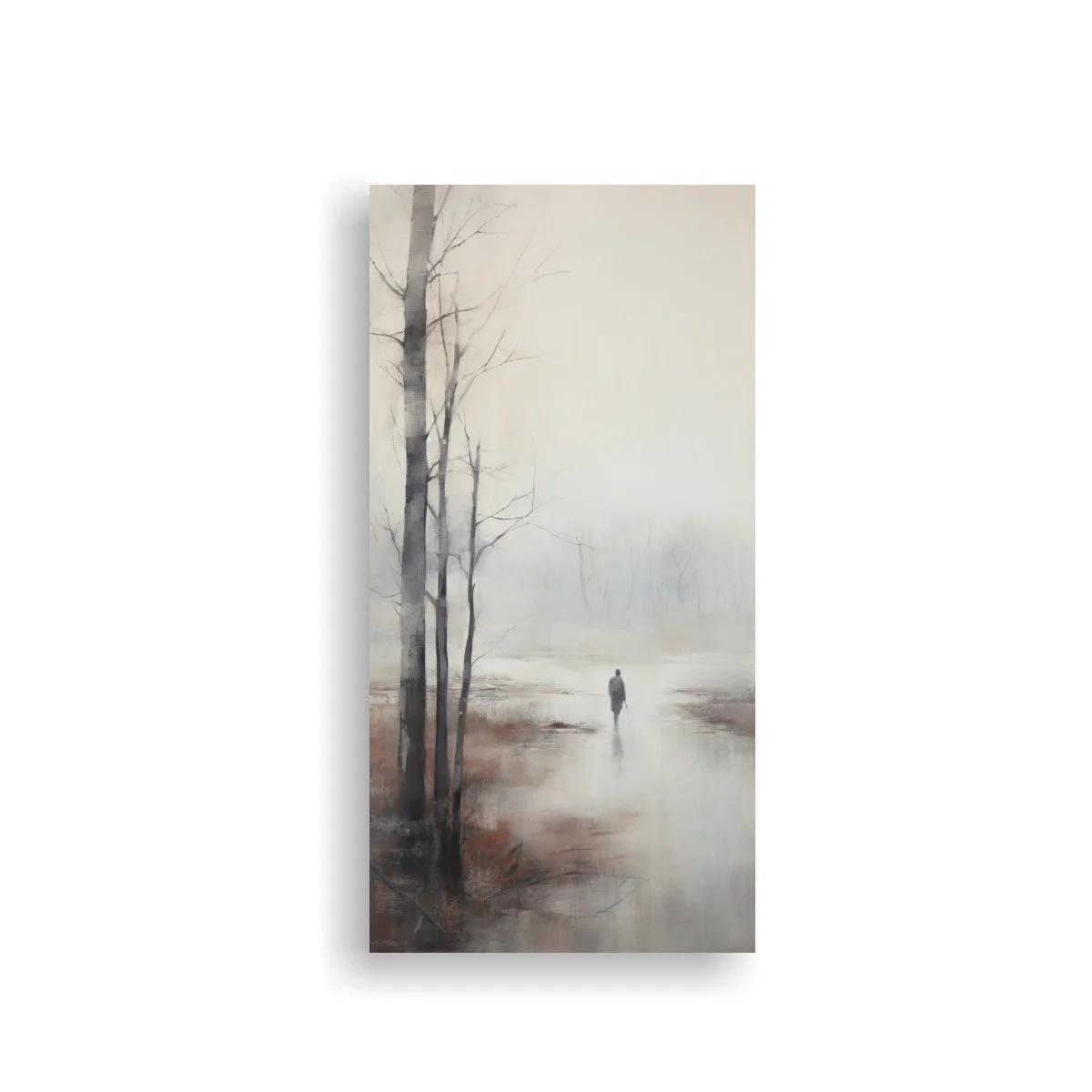 Cuadro figura humana solitaria junto al agua entre niebla