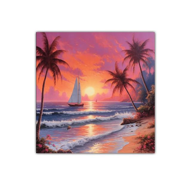 Atardecer tropical con velero y palmeras en la playa