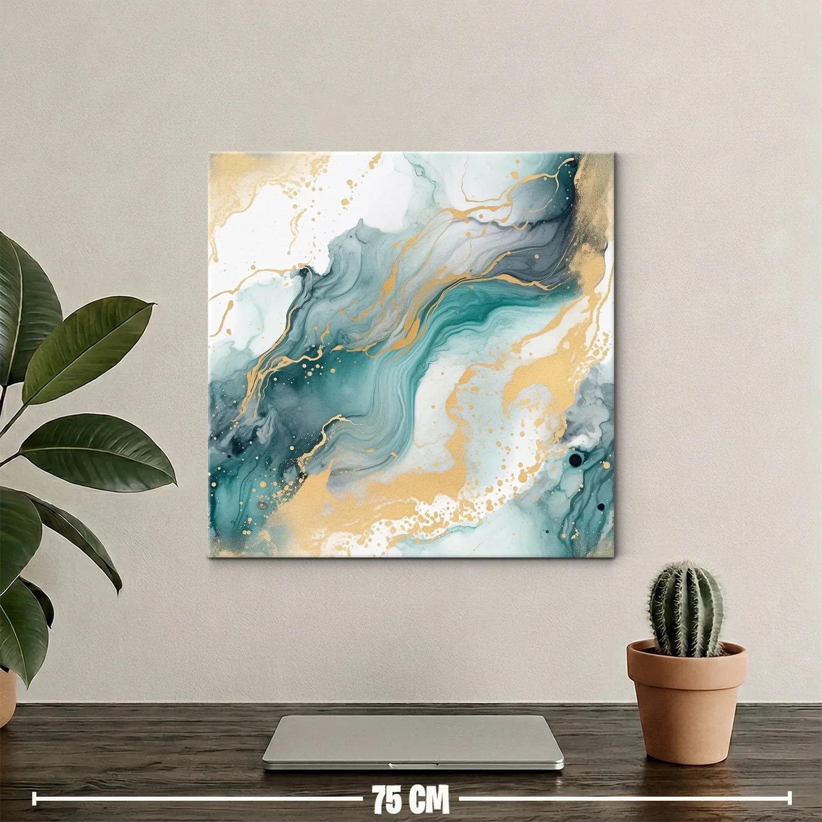 Cuadro abstracto con tonos verdes y dorados fluidos — miniatura 2