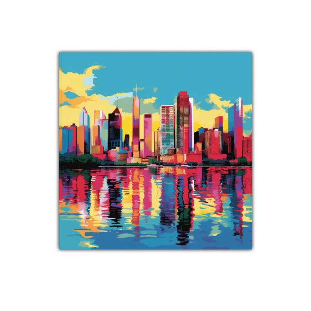 Ciudad vibrante con reflejos coloridos en el agua