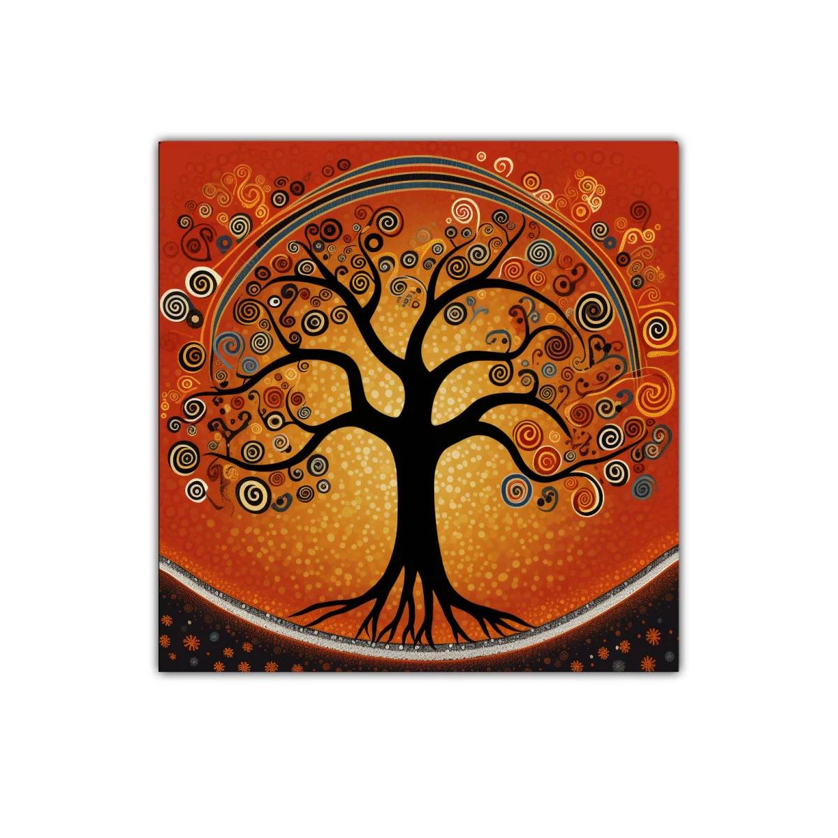 Árbol con espirales vibrantes en tonos cálidos y negros
