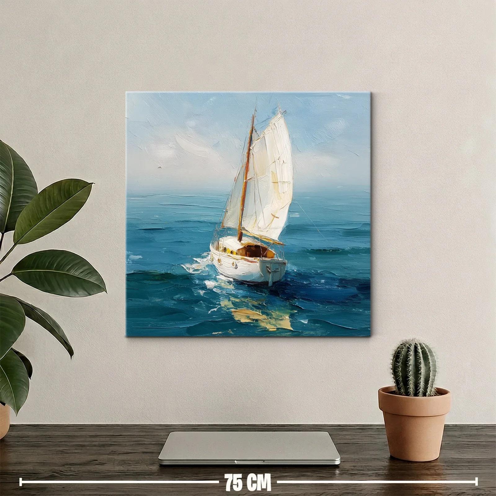 Vela blanca surcando el mar en tonos azules y celestes — miniatura 2