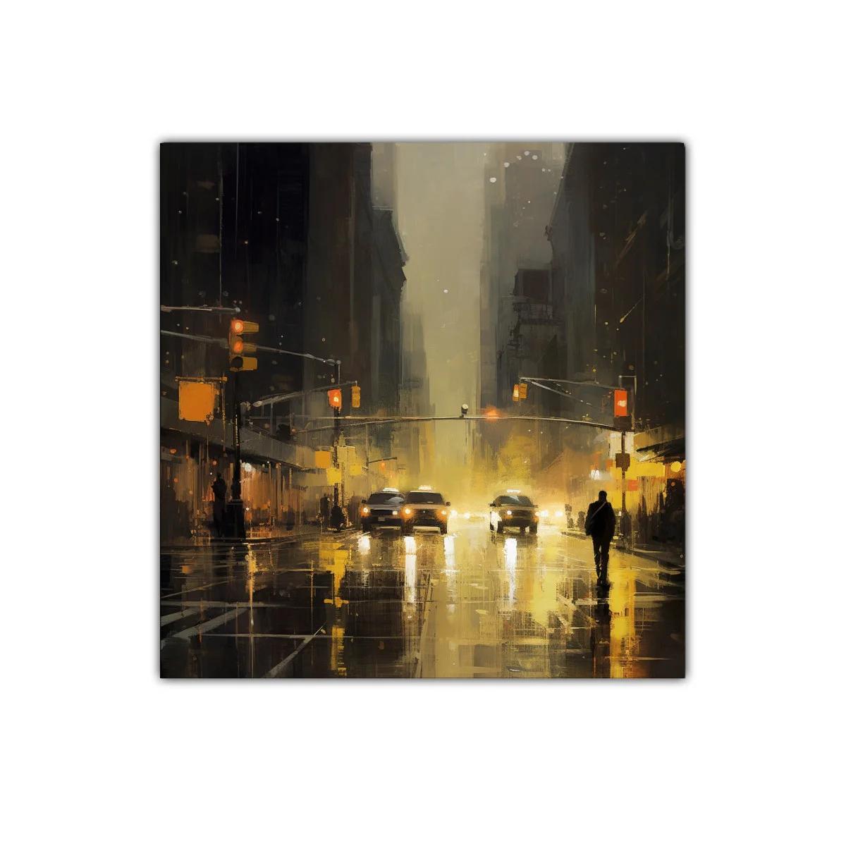 Ambiente urbano nocturno con luces cálidas y reflejos