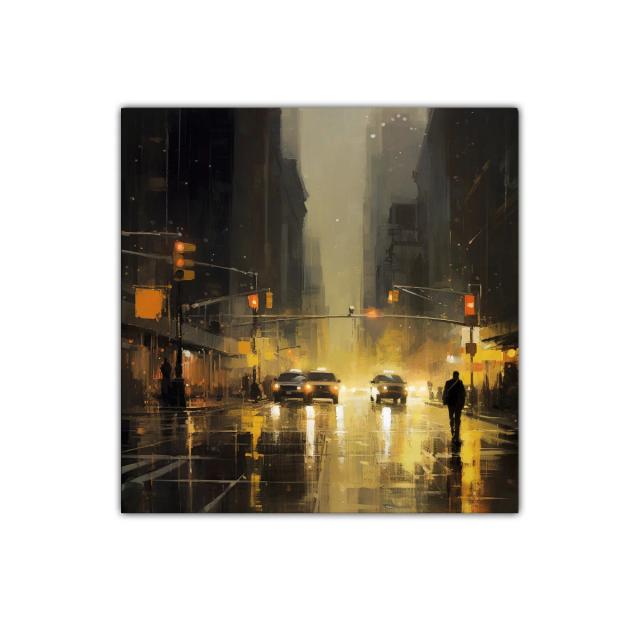 Ambiente urbano nocturno con luces cálidas y reflejos