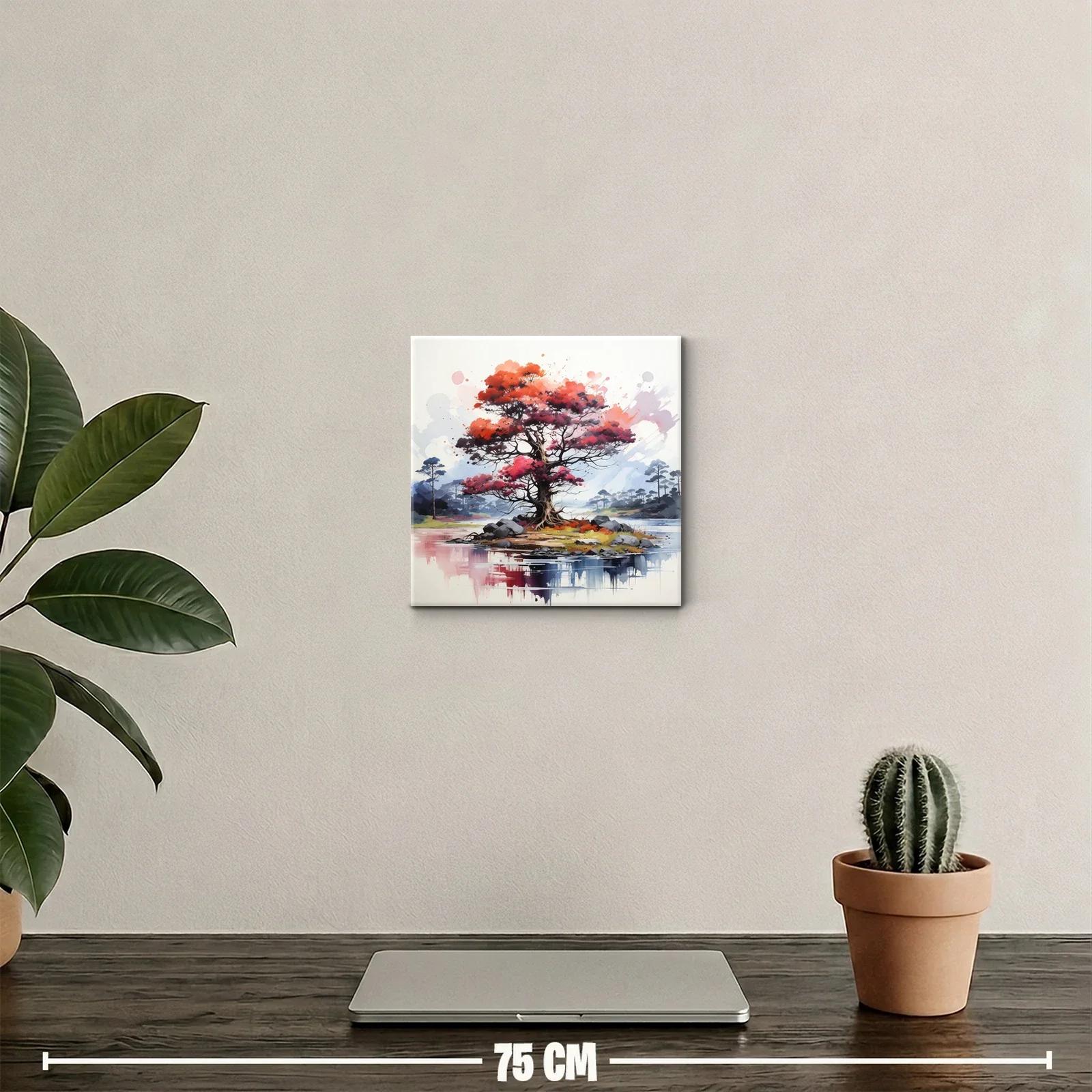 Árbol rojo vibrante en isla serena con reflejos de agua — miniatura 2