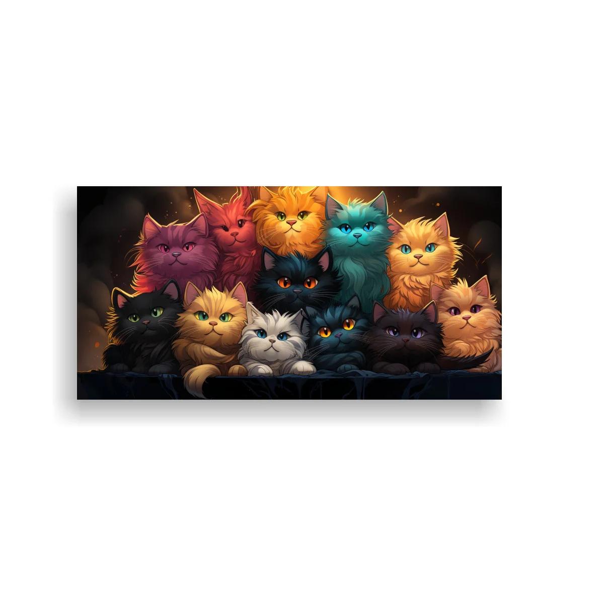 Cuadro grupo de gatos de colores con fondo oscuro