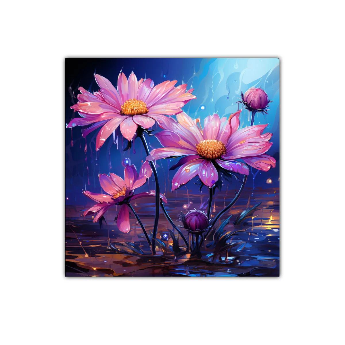 Cuadro decorativo con flores rosas y fondo azul profundo — imagen principal