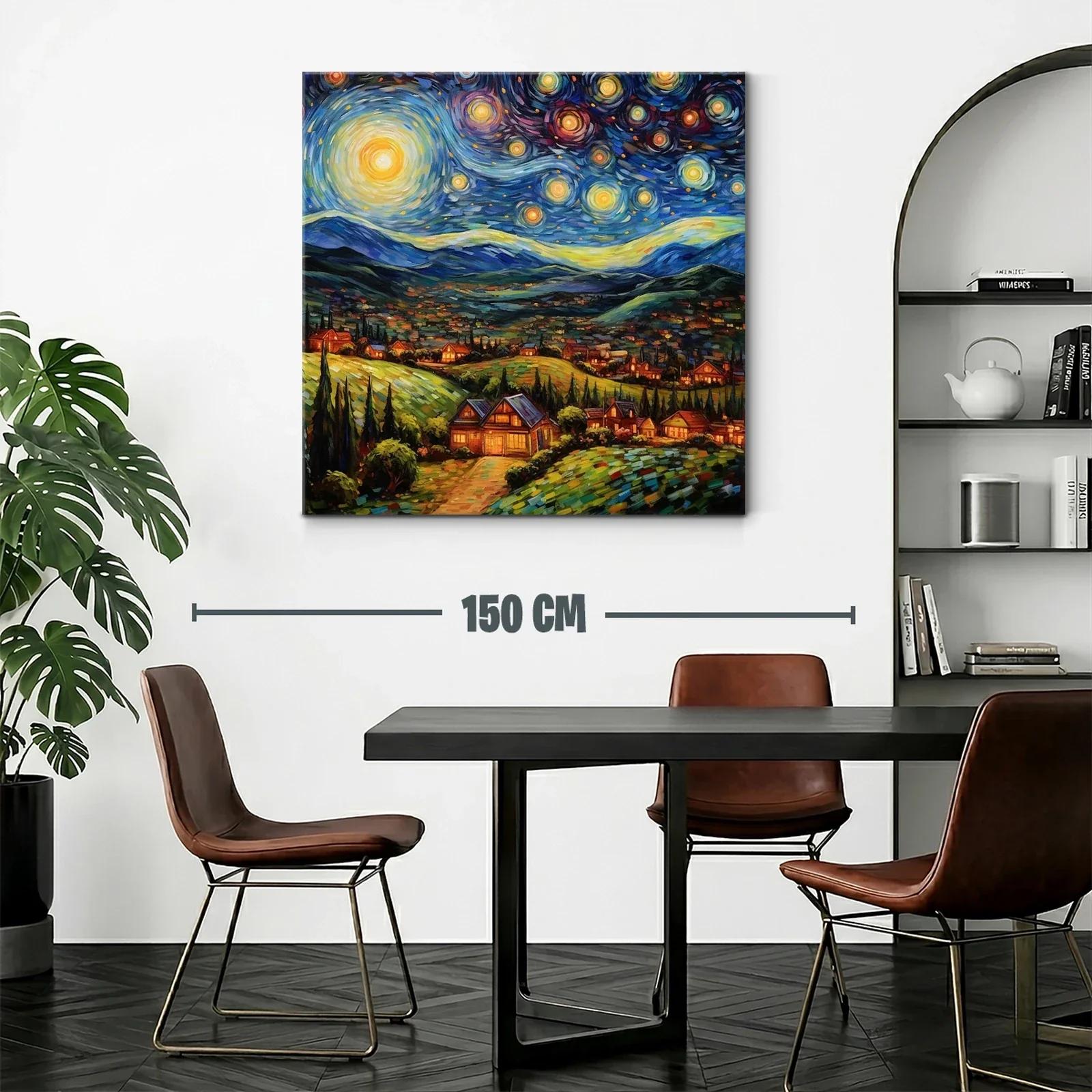 Paisaje Nocturno con Estrellas y Casas Iluminadas — miniatura 2
