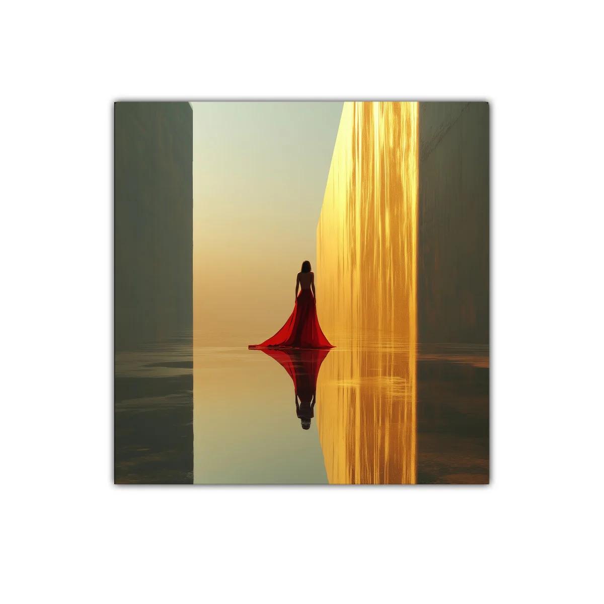 Figura femenina en vestido rojo entre muros dorados reflejados — imagen principal