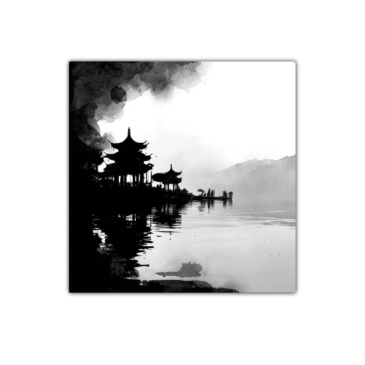 Serenidad oriental en acuarela en blanco y negro — imagen principal