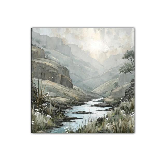 Paisaje sereno con río y montañas en tonos suaves