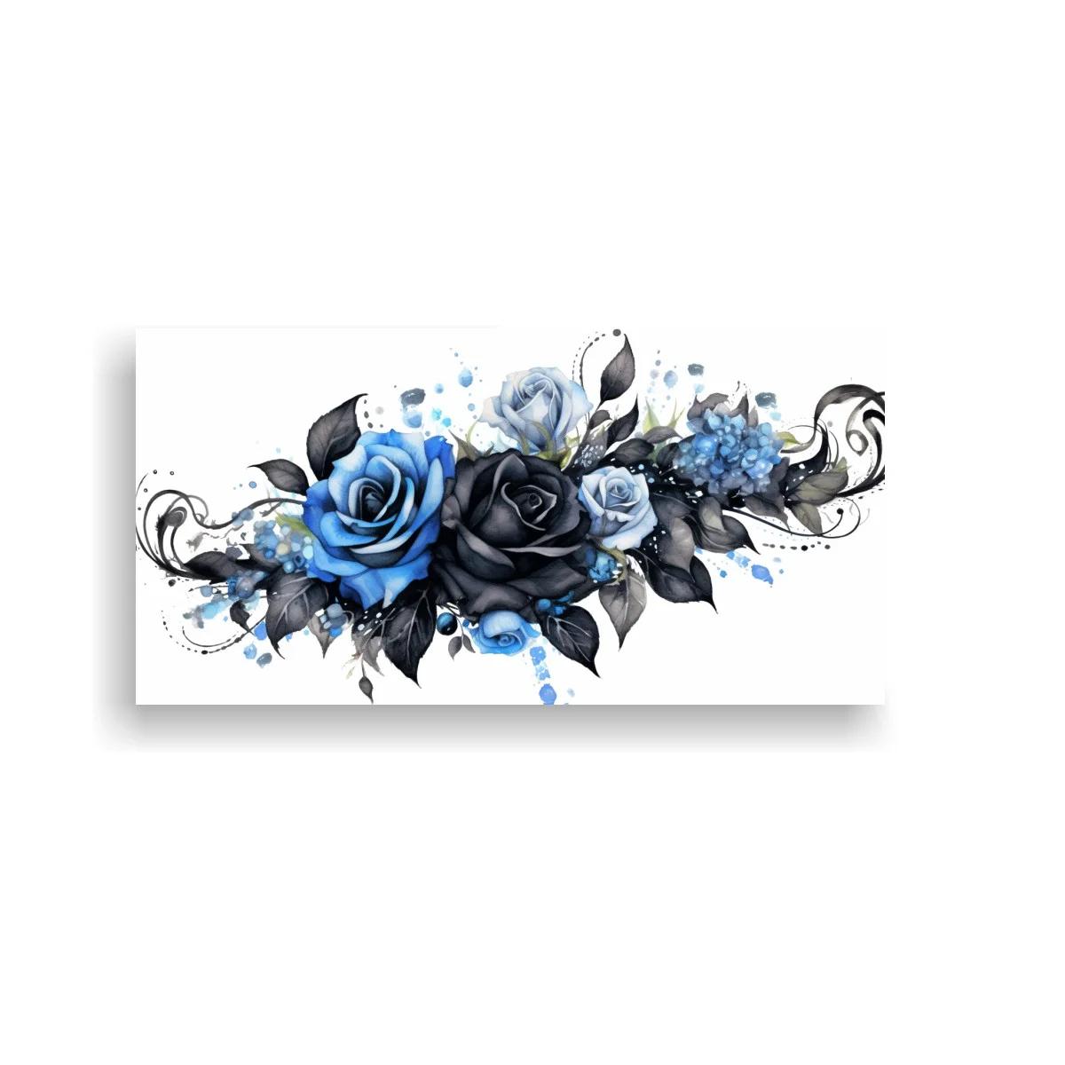 Cuadro ramo de rosas azules y negras con arabescos acuarela