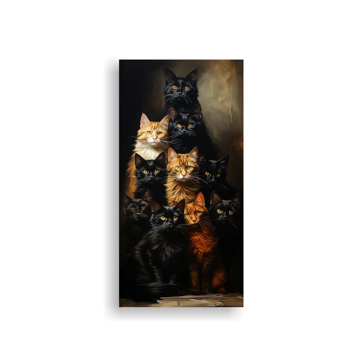 Cuadro grupo de gatos negros con toques naranja
