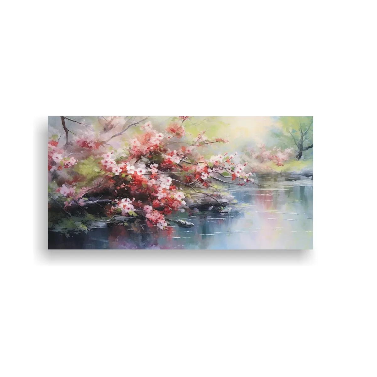Cuadro ramas de flores rosas junto al agua