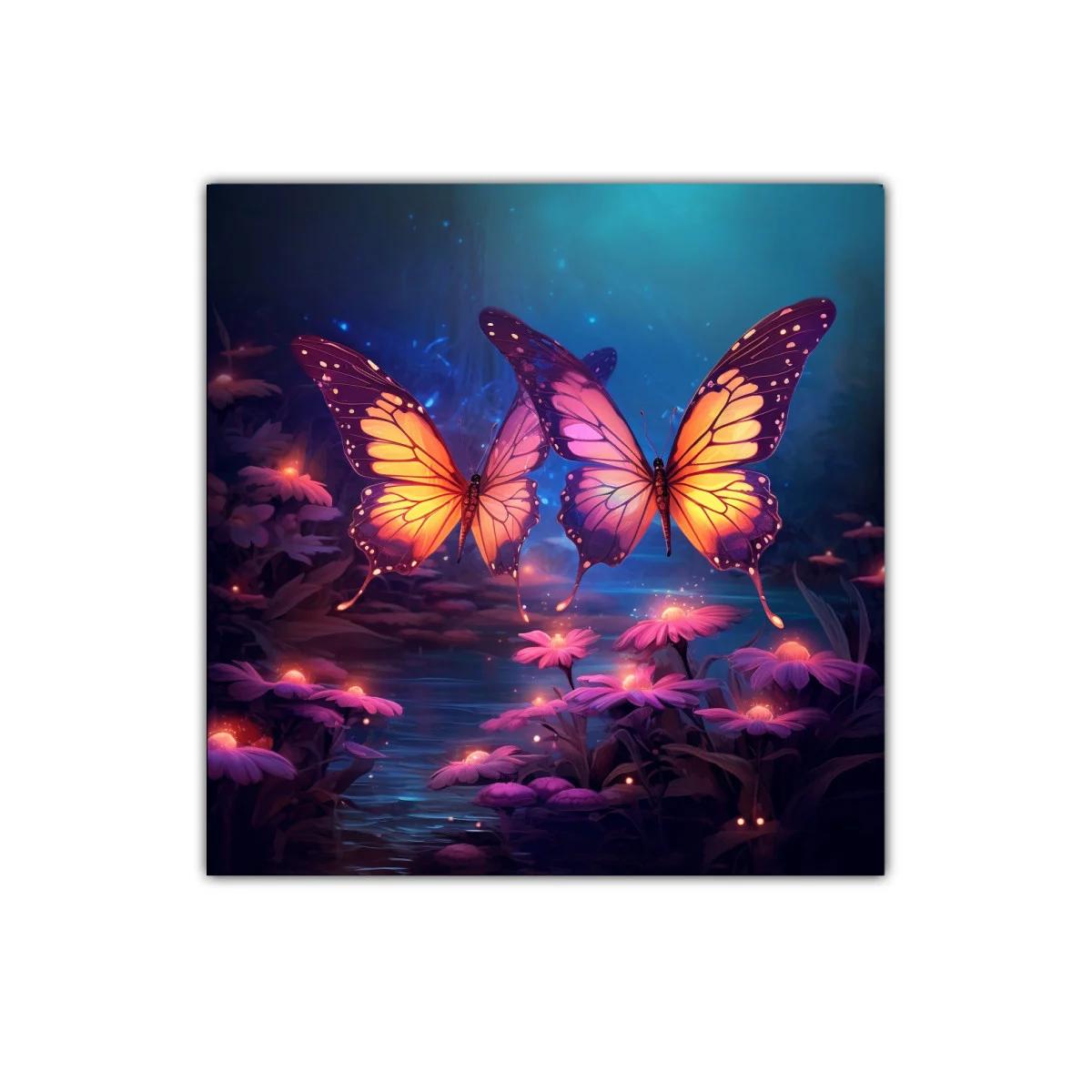 Mariposas luminosas sobre flores en bosque encantado