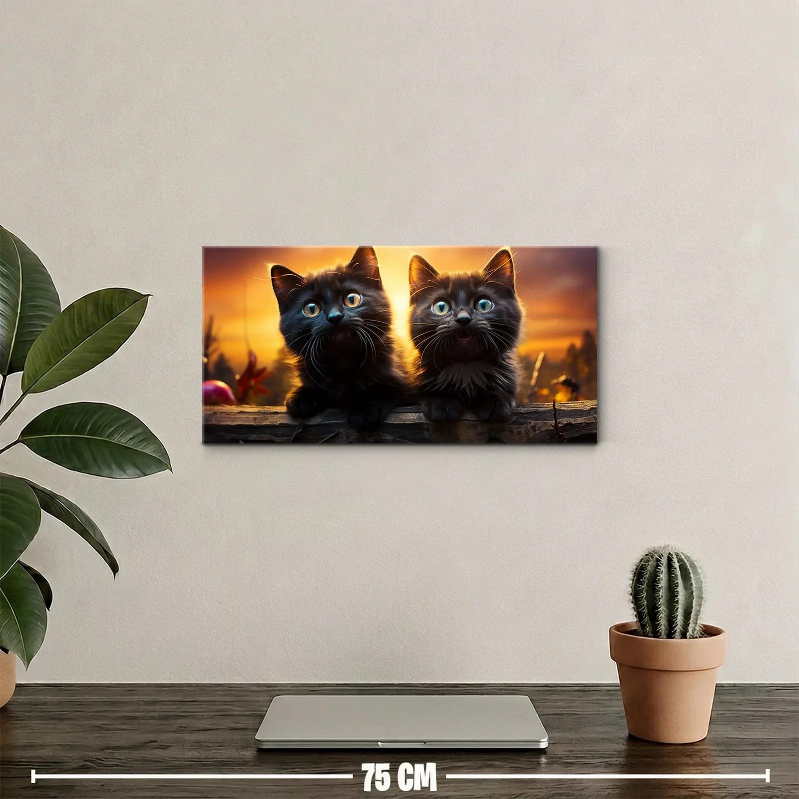 Cuadro dos gatos negros de ojos azules con atardecer cálido — miniatura 2