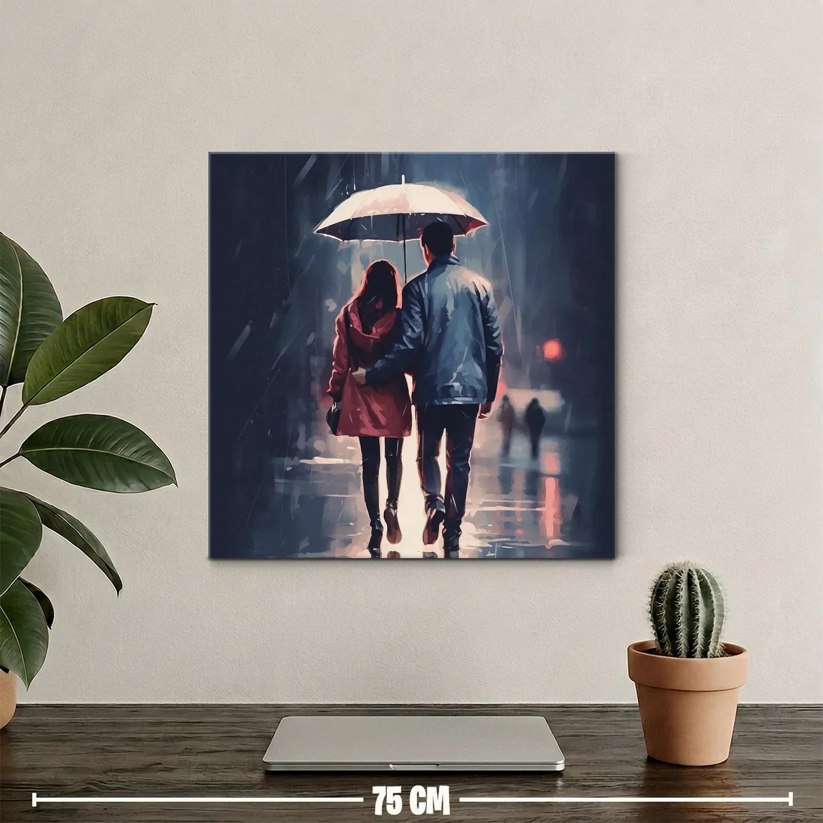 Pareja caminando bajo la lluvia con paraguas blanco — miniatura 2